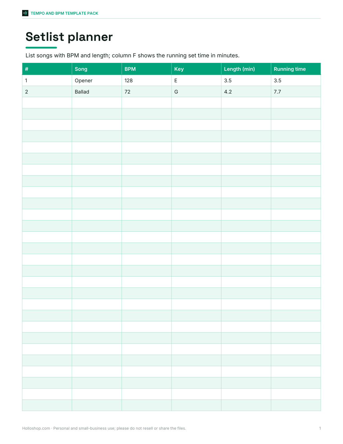 Preview of the first page of Setlist planner (XLSX)