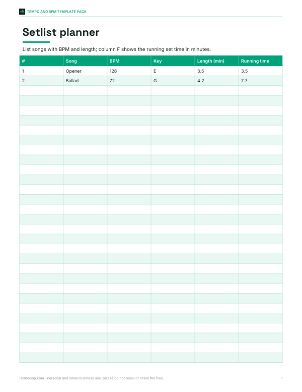 Preview of Printable Setlist Planner with BPM