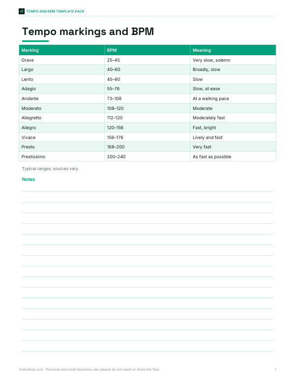 Preview of Printable Tempo Markings Chart