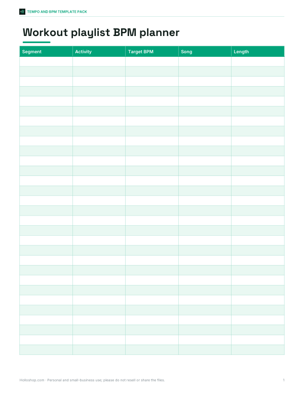 Preview of Printable Workout BPM Planner